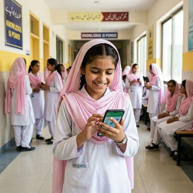 Pakistani School Girl (Age 10) in Pink and White Uniform using Cambridge App